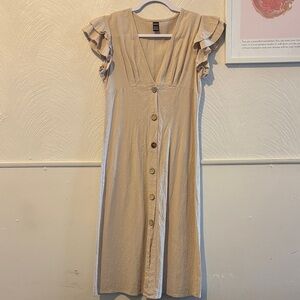 SHEIN Tan Linen Midi Dress with Ruffle Sleeves